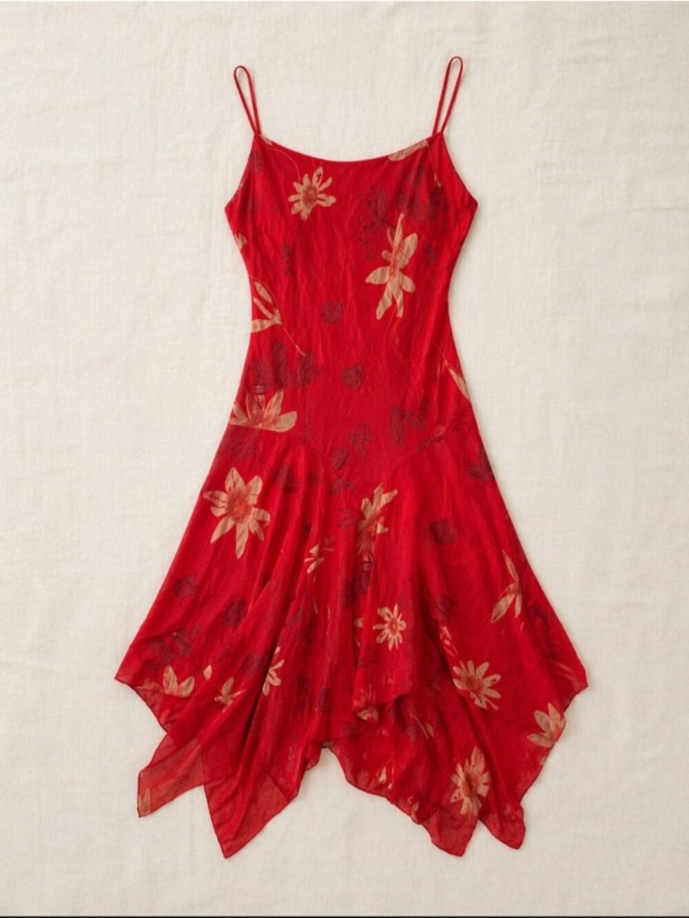 Y2K Oblique Red Floral Slip Dress Woman Small Asymmetrical Hem Spaghetti Strap